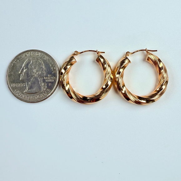 14K Solid Yellow Gold Jacmel Mauritius 24MM Twist Textured Hoop Earrings JCM - Picture 7 of 8